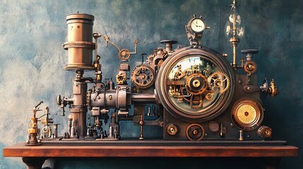 Intricate Steampunk Machine on Wooden Tabletop