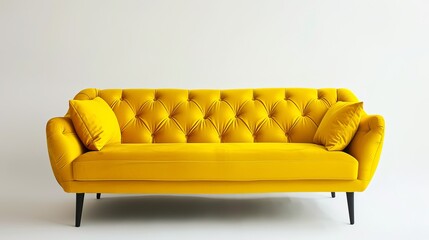 Obraz premium Vibrant yellow tufted sofa with two cushions and sleek black legs.