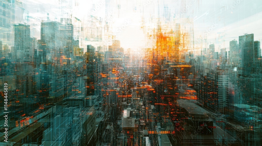 Poster cityscape blended with digital neural network visualizing the integration of artificial intelligence