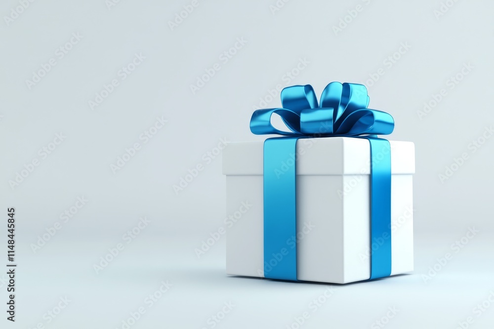 Poster a minimalist design of a small gift box with a simple ribbon, placed against a clean white backgroun