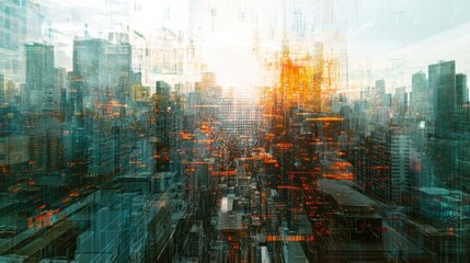 Cityscape blended with digital neural network visualizing the integration of artificial intelligence in urban environments. Generative AI