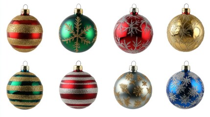 A collection of 10 vibrant Christmas balls in red, gold, green, blue, and silver, each with intricate snowflakes, stripes, and festive patterns.