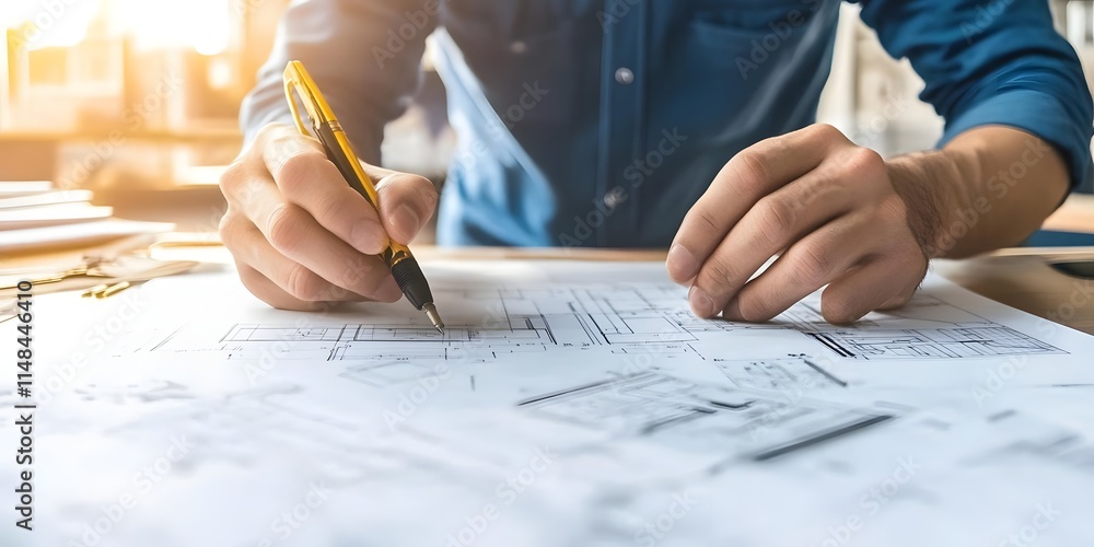 Poster a person sketches architectural plans on a table, emphasizing design and precision.