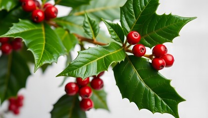 Obraz premium Lush Green Holly Branch Red Berries Festive Winter Decoration