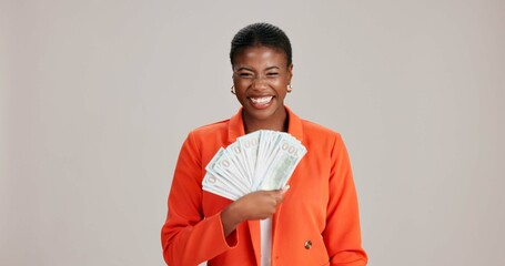 Black woman, money fan or happy for business with portrait, profit or startup success in studio....