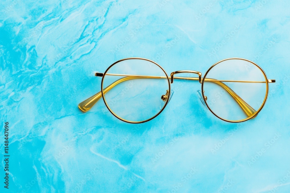 Poster a minimalist pair of wireframe glasses on a clean marble surface, reflecting ambient light from a ne