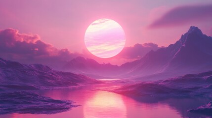 Pink Sunset over Serene Mountain Lake