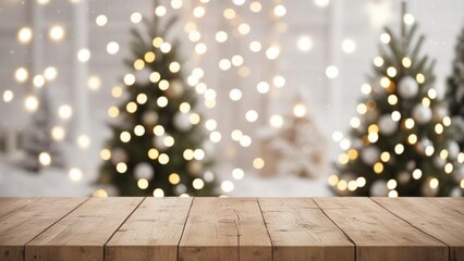 Empty wooden table in front of blurred winter holiday background