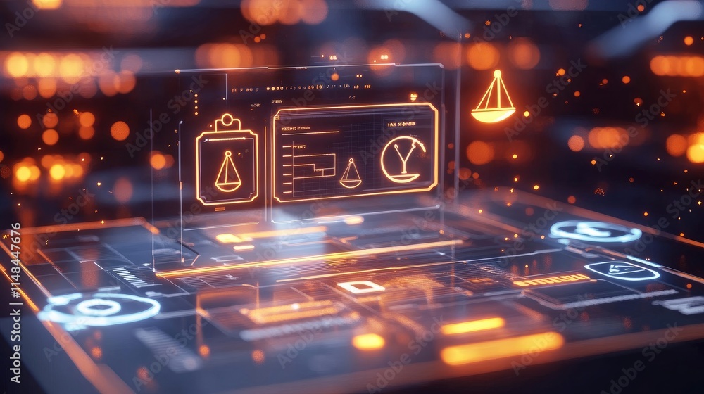 Poster digital interface with data visualization and balance icons