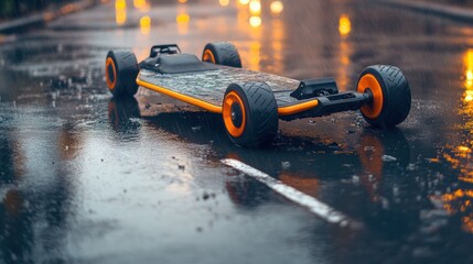 Electric longboard sits on wet asphalt road at night.
