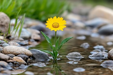 A single wildflower growing beside a quiet stream, with its vibrant colors reflected in the still water