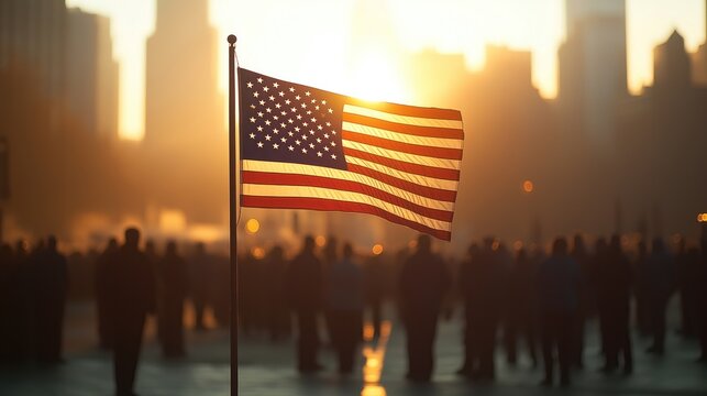 American flag flies at half-mast during solemn memorial gathering. People gather in tribute to heroes, veterans. Sun sets behind city skyline, emotional scene. Event commemorates tragedy, resilience