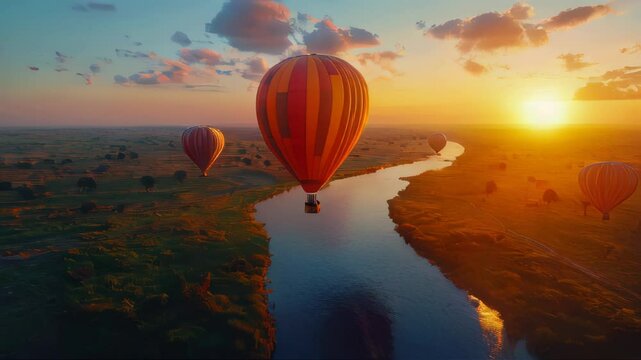 A vibrant hot air balloon floats over a serene savanna landscape at sunset, capturing the beauty of nature and adventure