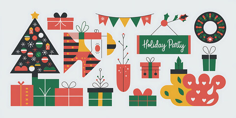 An illustration of a holiday party with various elements such as a Christmas tree, gifts, a wreath, and a festive sign