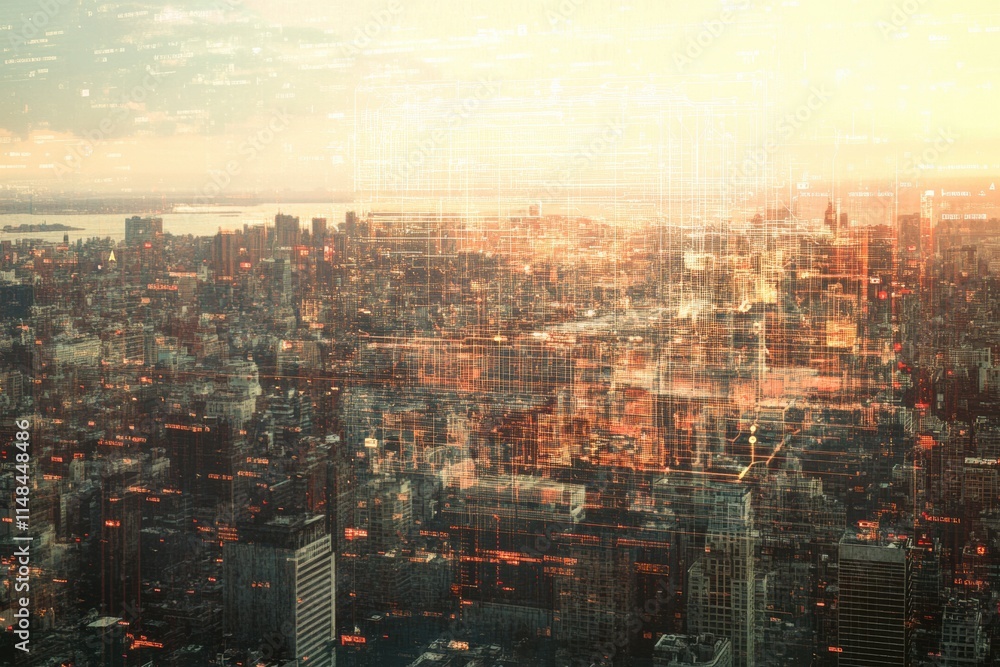 Fototapete cityscape illustrating digital neural network integration with artificial intelligence technology at