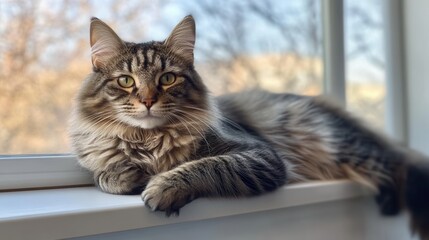 a sassy cat with one eyebrow raised, giving a judgmental look while lounging on a windowsill. 