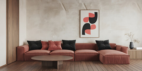 A minimalist Japandi style interior design of a modern living room
