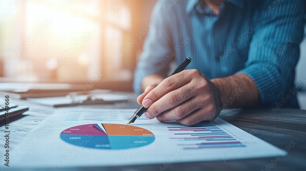 Aufkleber businessman reviewing pie chart on printed report, analyzing data trends and making notes. setting i