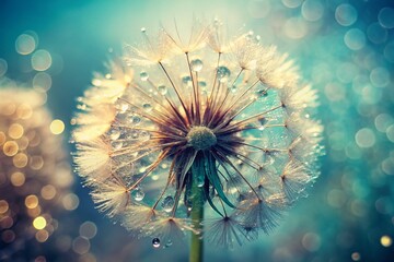 Obraz premium Vintage Dewy Dandelion Photography: Retro Floral Images, Bokeh, Soft Focus, Closeup, Macro, Spring Flowers