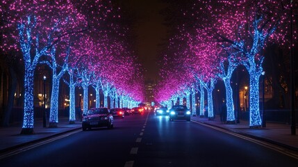 Fototapeta premium Night street scene with illuminated trees.