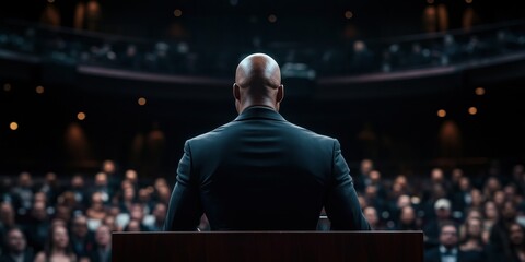 Bald African-American man in dark suit stands behind podium addressing diverse audience in auditorium. Speaker delivers passionate presentation to engaged participants. Business conference lecture