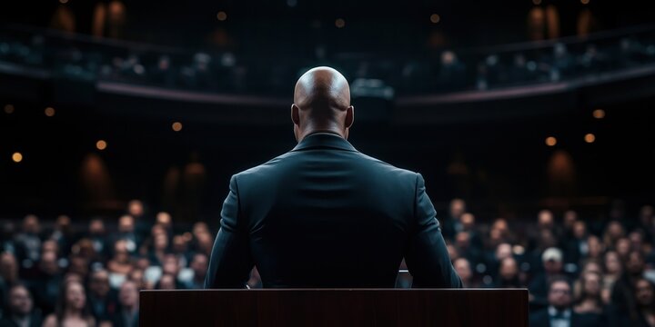 Bald African-American man in dark suit stands behind podium addressing diverse audience in auditorium. Speaker delivers passionate presentation to engaged participants. Business conference lecture