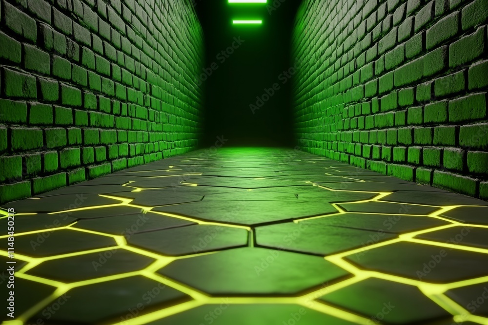 Aufkleber a neon-lit cyberpunk scene with a geometric holographic display, glowing hexagonal patterns, and dyn