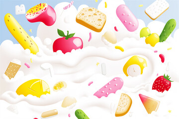 Whimsical white background filled with ice cream, fruits, and cones, evoking the joy of summer treats and dessert indulgence.