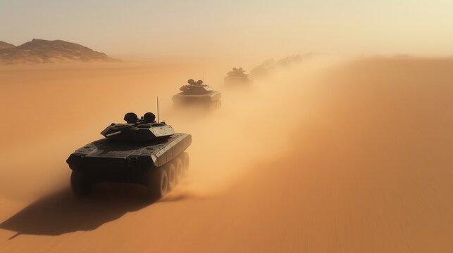 Armored military convoy moves across scorching desert landscape. Dust trails behind vehicles. Tactical military transport expedition. Soldiers operate heavy machinery. Defense operation underway. - Powered by Adobe