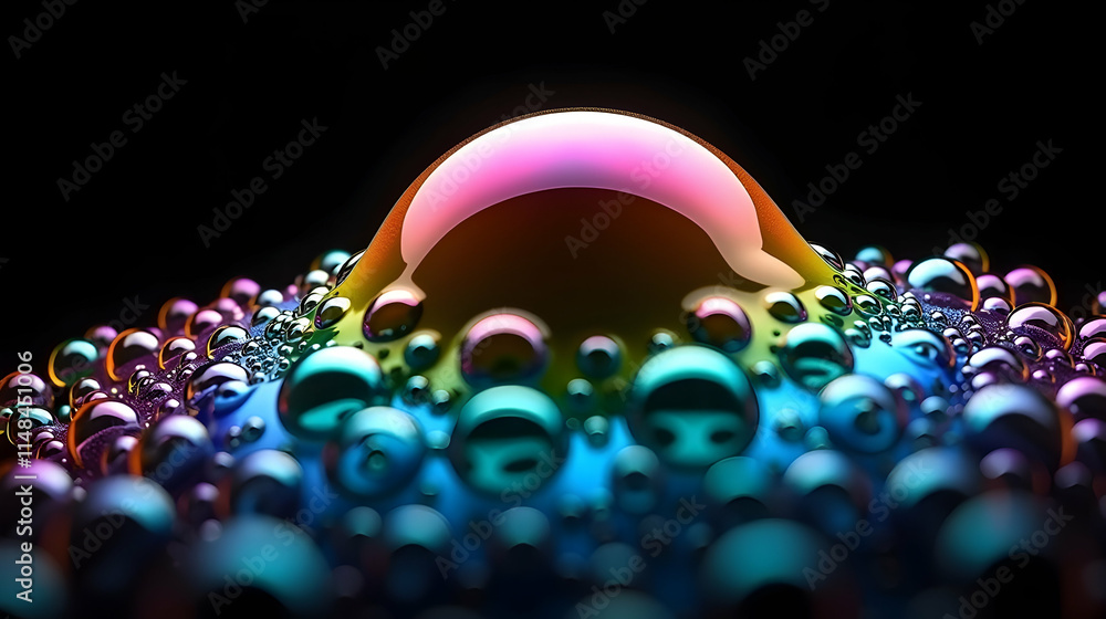 Poster enthralling iridescent bubbles dance on a dark canvas, creating a mesmerizing spectacle of light and