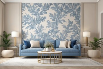 Living Room Design With Beige Blue Seaters And Beige Leafy Wallpaper