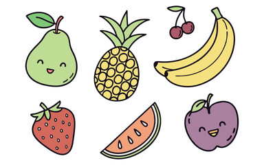 An adorable collection of hand-drawn fruits with smiling faces, featuring a pear, pineapple, cherries, bananas, strawberry, watermelon, and plum. Suitable for stock images in educational and playful c