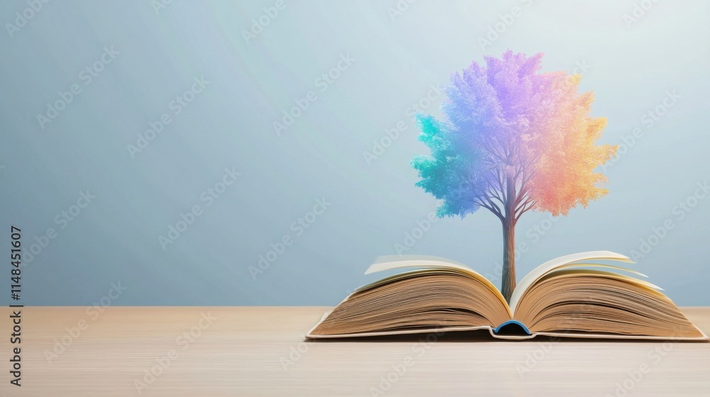 Poster a glowing tree growing out of an open book, with its branches turning into colorful abstract shapes 