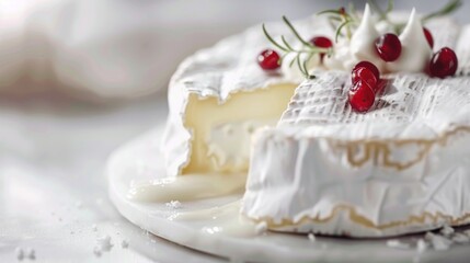 A decadent slice of gourmet chocolate cake, adorned with fresh raspberries and a dollop of creamy frosting, sits elegantly on a white plate, ready to be enjoyed as a delightful dessert