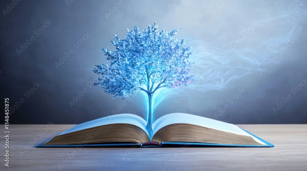 Poster a glowing tree growing out of an open book, with its branches turning into colorful abstract shapes 