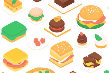 A playful and colorful illustration of various fast food items, including burgers, sandwiches, and fries. Ideal for designs celebrating quick meals and junk food culture.