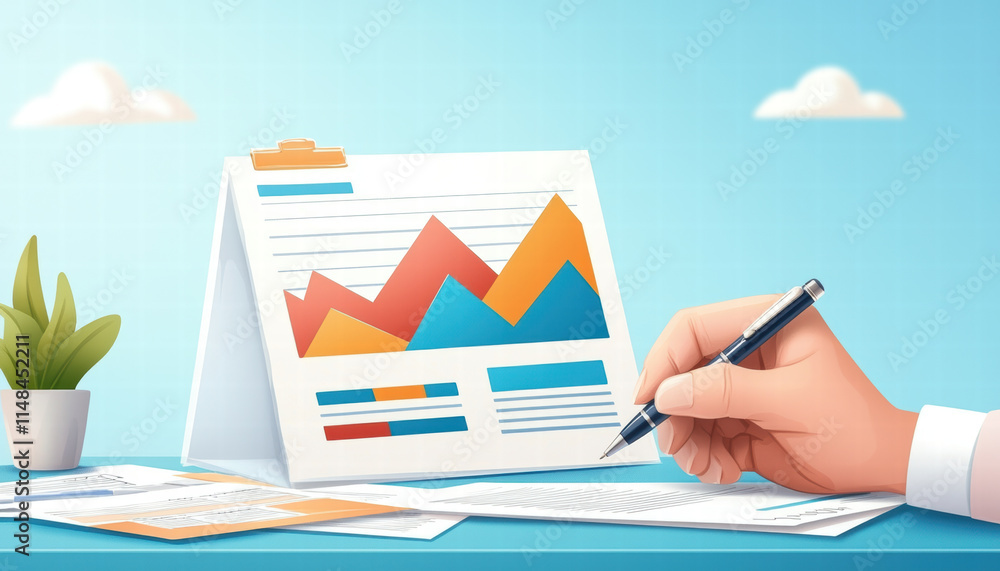 Poster hand writing on financial report with colorful graphs and charts, showcasing data analysis and busin