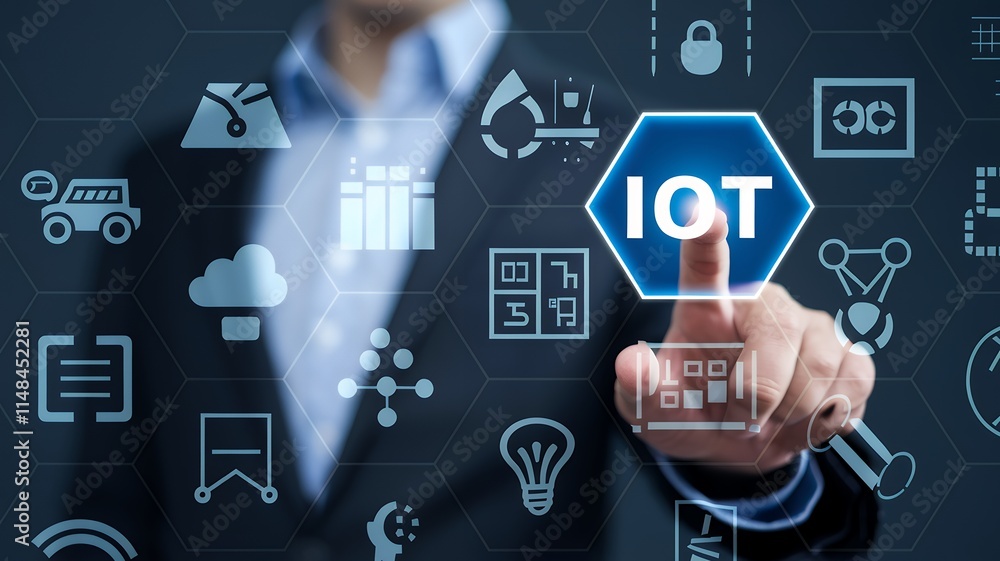 Poster IoT Technology and Wireless Connectivity: Businessman Interacting with Smart Interface