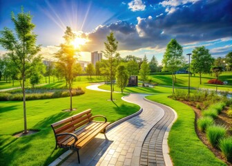 Fototapeta premium Escape to a modern urban oasis: serene walking trails wind through panoramic green spaces.