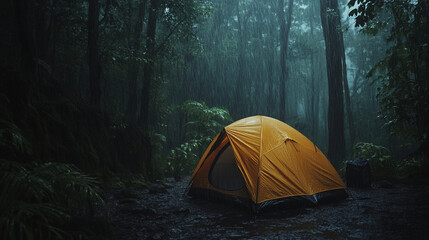 Bright orange tent set against a dark, rainy forest backdrop in a tranquil wilderness setting