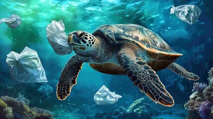 Obraz premium Plastic Pollution Crisis: Distressed Turtle Among Floating Debris in Vibrant Underwater World - Environmental Awareness Concept