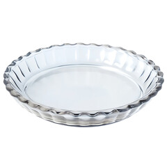 Pie dish - A round, shallow transparent glass dish with a fluted edge, ideal for baking pies. Suspended in mid-air on a white background with no shadows.