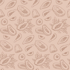 Seamless pattern with hand drawn outline papaya fruits and leaves on light background, ideal for tropical designs and textiles. Vector doodle illustration for vegan concepts