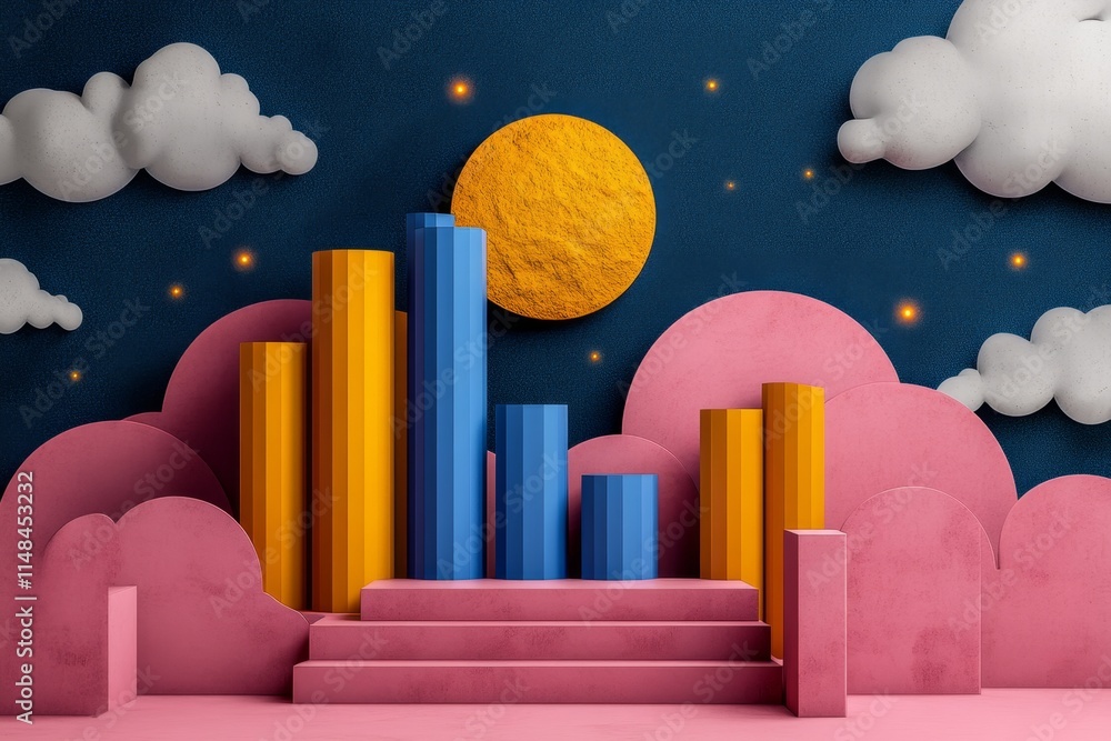 Poster a pixel art depiction of geometric shapes forming a retro game landscape, with colorful blocks and g