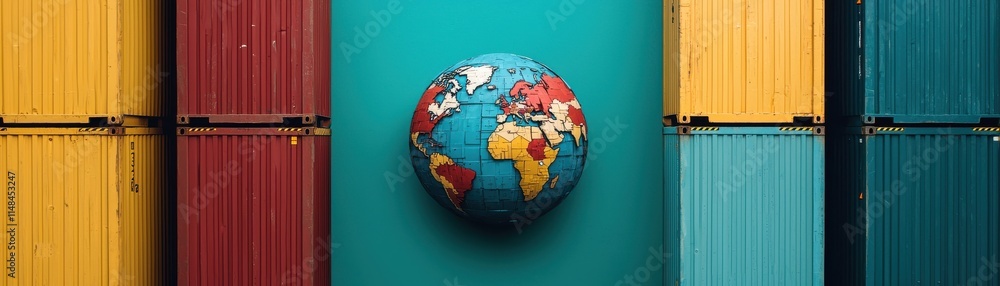 Poster a colorful globe is centered against a backdrop of stacked shipping containers, representing global 