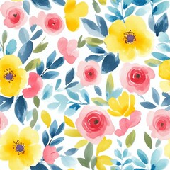 watercolour floral pattern, delicate flowers, yellow, blue and pink flowers, cute colorful floral abstract print