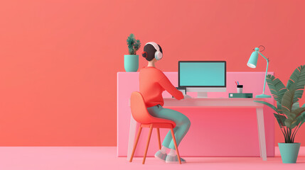 Modern Home Office Workspace Illustration with Headphones, Plants, and Computer Setup in a Vibrant Colorful Setting