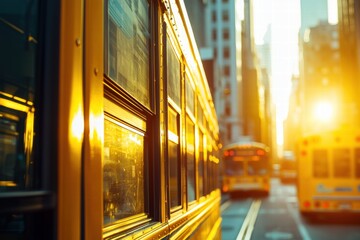 Golden hour light reflecting off a school bus in an urban setting.