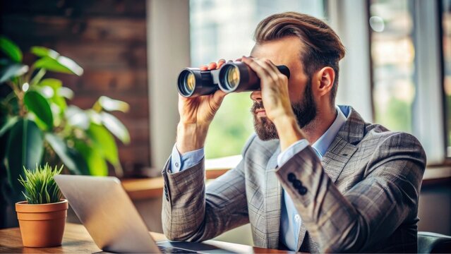 A man in a suit uses binoculars while sitting at a desk with a laptop, gazing intently out of a window with a plant nearby.