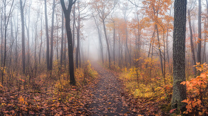 Obraz premium Autumn pathway through a misty forest with vibrant leaves and a serene atmosphere